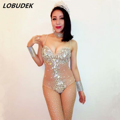 Body sexy cu guler în V, fără spate, cu pietre Cristale pline Tricou Jumpsuit Club Bar Cântăreț Costum de dans Sală de dans Costume de jazz DJ