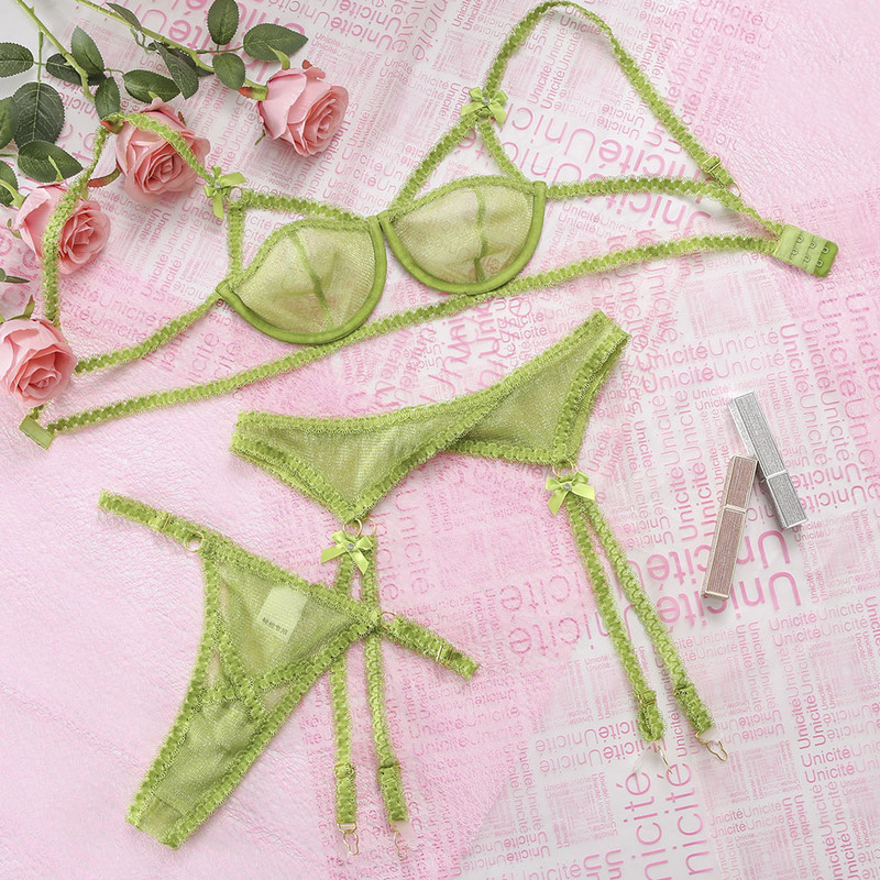 Lenjerie sexy Set de sutien din dantelă transparentă Lenjerie de corp pentru femei Tanga Jartiere 3 piese Sutien verde cu jumătate de cupă Set de lenjerie transparente