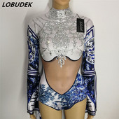 Säravate kividega seksikas body Pagoda varrukatega trikoo kombinesoon särav Crystals kostüüm Ööklubi Party DJ esinemisriietus