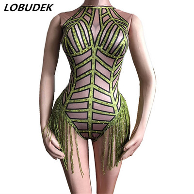 Costum bar DS, sexy, albastru, galben, în dungi, cu franjuri, ciucuri, tricou elastic, costum de dans, pentru scenă, DJ, club de noapte, performanță de dansator