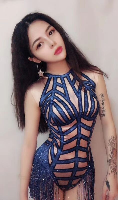 Costum bar DS, sexy, albastru, galben, în dungi, cu franjuri, ciucuri, tricou elastic, costum de dans, pentru scenă, DJ, club de noapte, performanță de dansator