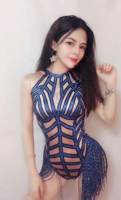 Costum bar DS, sexy, albastru, galben, în dungi, cu franjuri, ciucuri, tricou elastic, costum de dans, pentru scenă, DJ, club de noapte, performanță de dansator