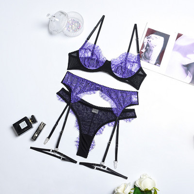 Yimunancy Set de sutien din dantelă de culoare contrastantă 3 piese Set de lenjerie sexy pentru femei Set de lenjerie de corp chiloți violet pentru femei