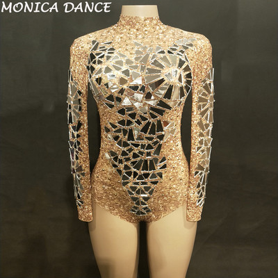 Naiste Sexy Gold Net Yarn Bodysuit Full Silver Bling Sparkling Mirrors Jumpsuit ööklubi peolava kandmine Singer Dance Bodysuit