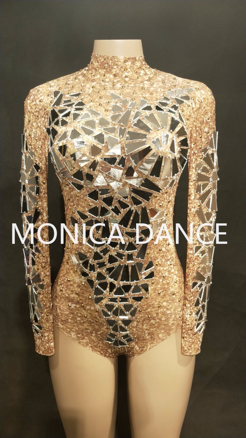 Naiste Sexy Gold Net Yarn Bodysuit Full Silver Bling Sparkling Mirrors Jumpsuit ööklubi peolava kandmine Singer Dance Bodysuit