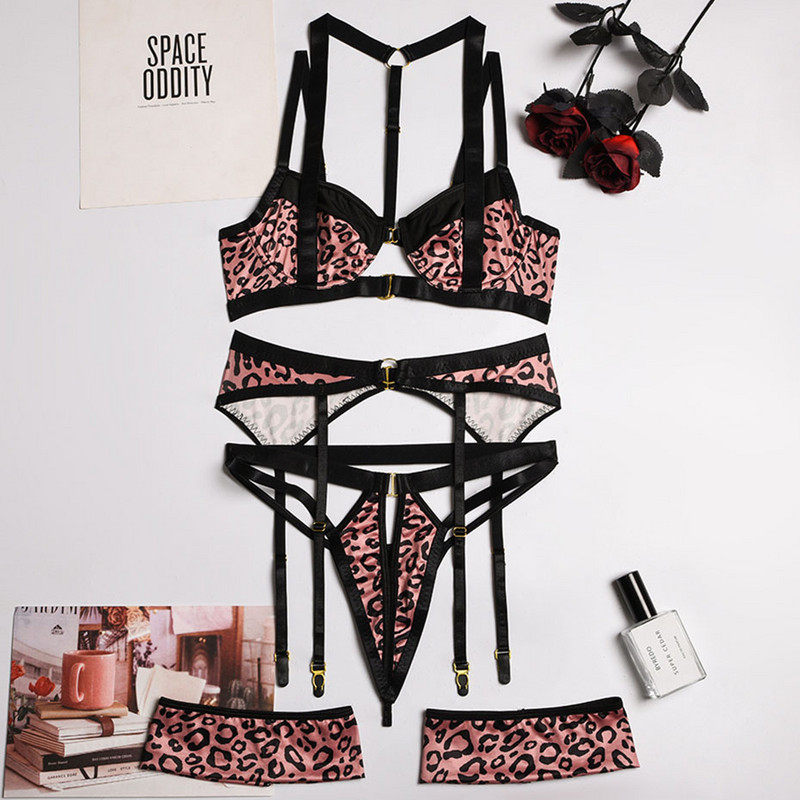 JSY Σέξι Push Up Σετ σουτιέν και εσώρουχα Σετ εσώρουχα λεοπάρ ροζ γυναικεία εσώρουχα Erotic halter σουτιέν Σύντομο σετ Κοστούμια εσωρούχων