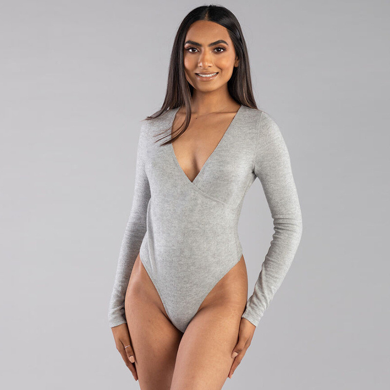 BKLD Body sexy cu mâneci lungi de culoare solidă, cu decolteu în V, gri, haine pentru femei, noua primăvară 2021, la modă, la petrecere, îmbrăcăminte de club bodycon