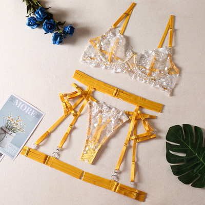 Set de lenjerie de broderie din dantelă Yimunancy, 3 piese, set de lenjerie sexy pentru femei, set erotic, fantezist, transparent, pentru jartieră.