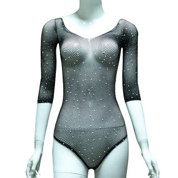 BKLD Дамско боди костюм с диамантена декорация, ново есенно клубно облекло за 2019 г., секси с отворени рамена, прозрачно с дълъг ръкав, черно горнище по тялото