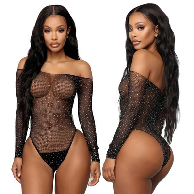 BKLD Body cu decorare cu diamante pentru femei, nou 2019, îmbrăcăminte de club de toamnă, sexy, cu umeri, cu mâneci lungi, top negru bodycon