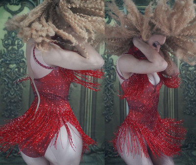 Body cu franjuri, fără mâneci, 7 culori, iarbă, verde, pietre de sticlă, ciucuri, salopetă sexy pentru femei, costume de dans club de noapte