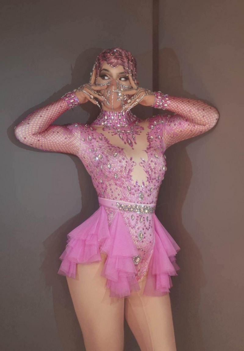 Μόδα ροζ στρας Spandex Stretch φορμάκι Γυναικεία Τραγουδίστρια Χορεύτρια Παρουσίαση πάρτι Leotard Stage Φόρεμα Latin Dance φορμάκι