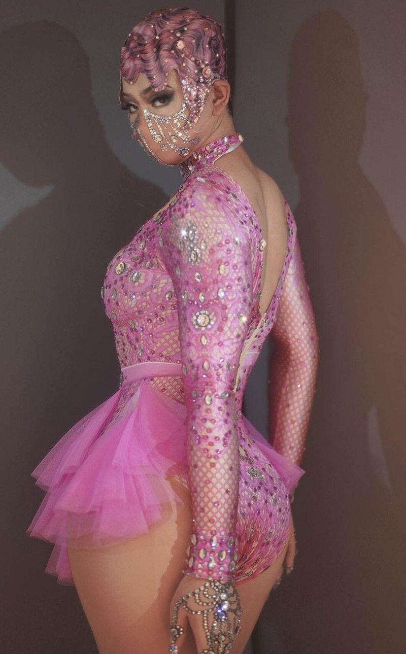 Μόδα ροζ στρας Spandex Stretch φορμάκι Γυναικεία Τραγουδίστρια Χορεύτρια Παρουσίαση πάρτι Leotard Stage Φόρεμα Latin Dance φορμάκι