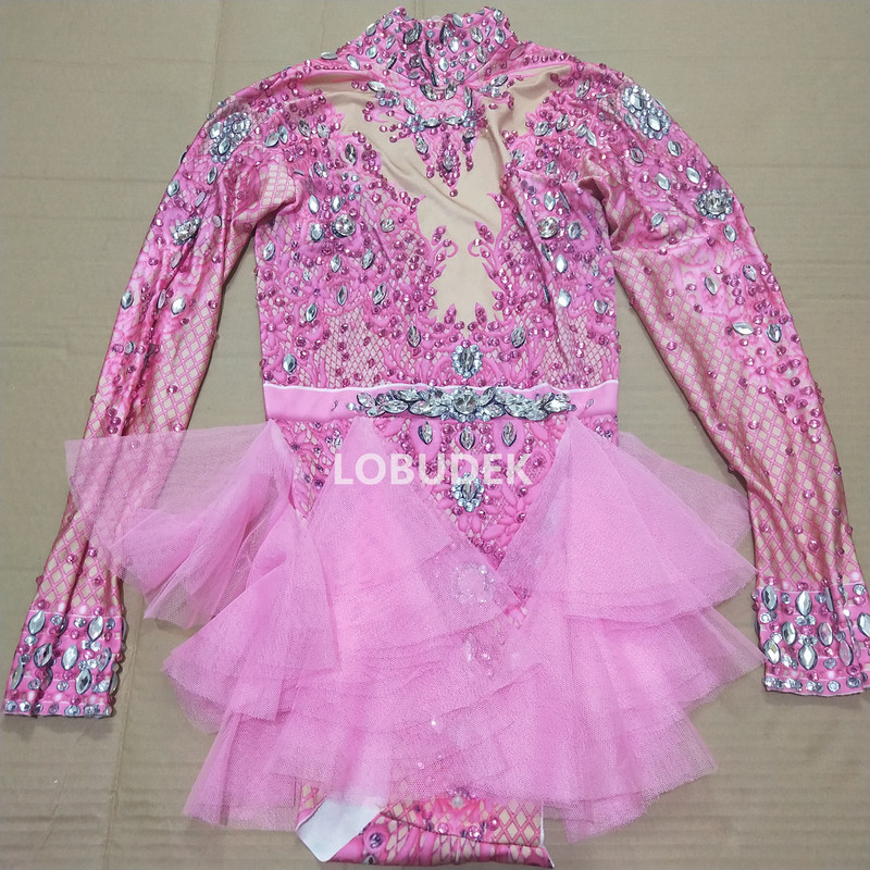 Μόδα ροζ στρας Spandex Stretch φορμάκι Γυναικεία Τραγουδίστρια Χορεύτρια Παρουσίαση πάρτι Leotard Stage Φόρεμα Latin Dance φορμάκι