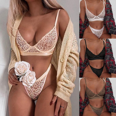 CDJLFH Set de lenjerie cu broderie din dantelă Crop Top Brasieres Mujer Set de sutien sexy Kaki Hot Erotic Underwear Set tanga cu talie înaltă femei