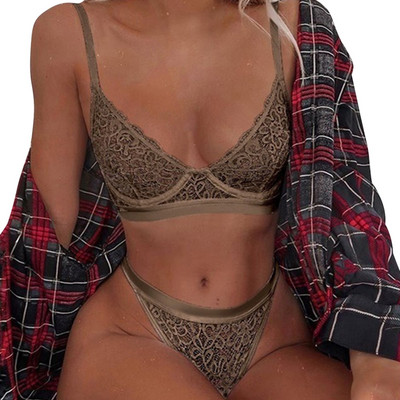 CDJLFH Set de lenjerie cu broderie din dantelă Crop Top Brasieres Mujer Set de sutien sexy Kaki Hot Erotic Underwear Set tanga cu talie înaltă femei