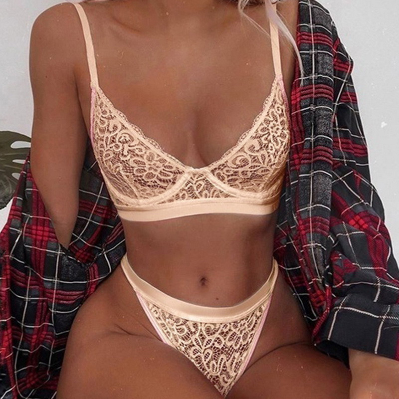CDJLFH Set de lenjerie cu broderie din dantelă Crop Top Brasieres Mujer Set de sutien sexy Kaki Hot Erotic Underwear Set tanga cu talie înaltă femei