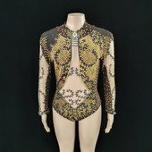 Negru Aur Strasuri Cristal Sexy Body Stretch Tricou Club de Noapte Femei Scena Wear Bar Party Dancer Costume Performance