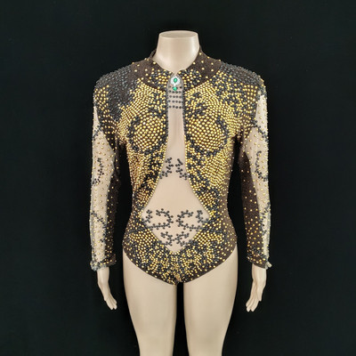 Negru Aur Strasuri Cristal Sexy Body Stretch Tricou Club de Noapte Femei Scena Wear Bar Party Dancer Costume Performance