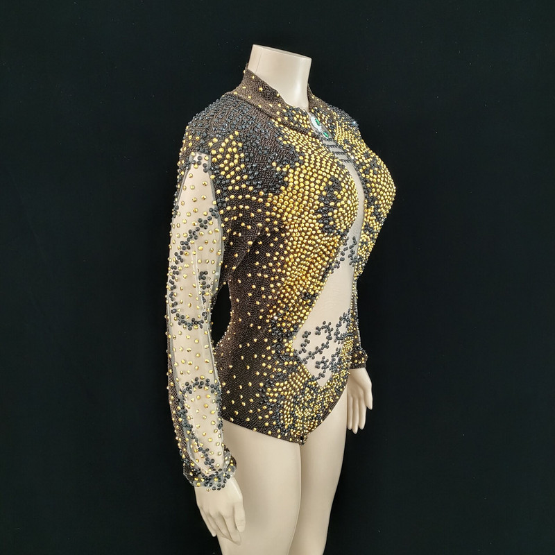Negru Aur Strasuri Cristal Sexy Body Stretch Tricou Club de Noapte Femei Scena Wear Bar Party Dancer Costume Performance