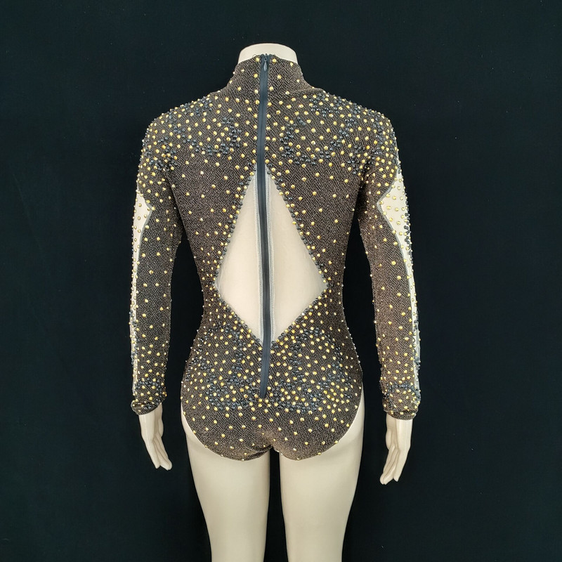 Negru Aur Strasuri Cristal Sexy Body Stretch Tricou Club de Noapte Femei Scena Wear Bar Party Dancer Costume Performance