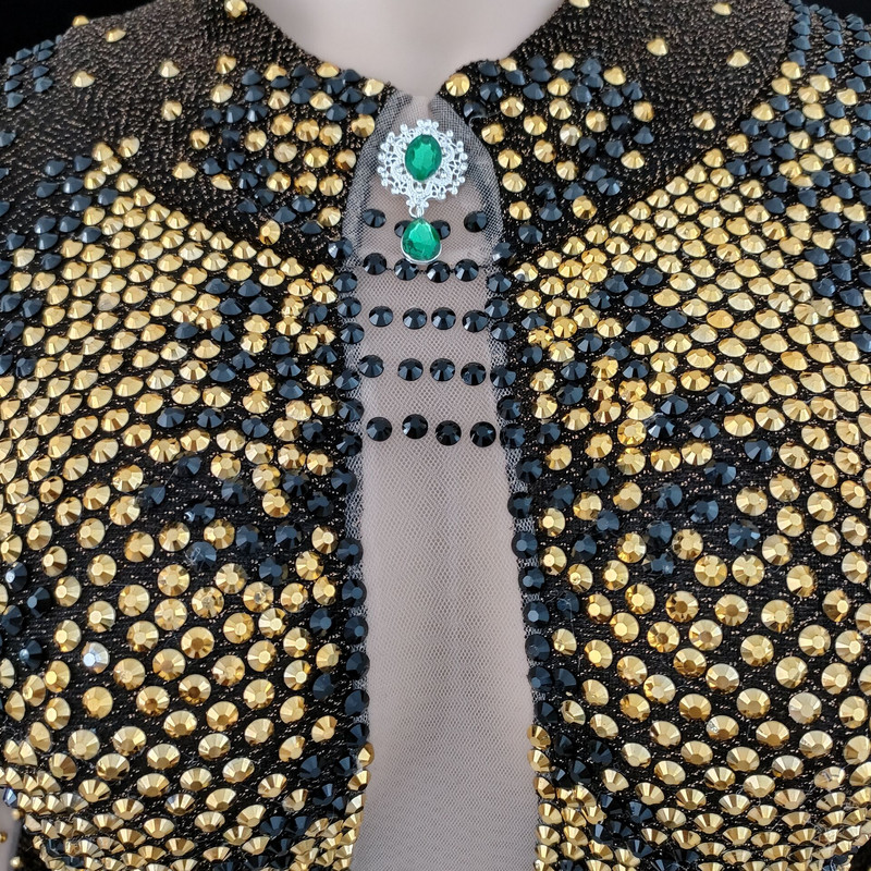 Negru Aur Strasuri Cristal Sexy Body Stretch Tricou Club de Noapte Femei Scena Wear Bar Party Dancer Costume Performance