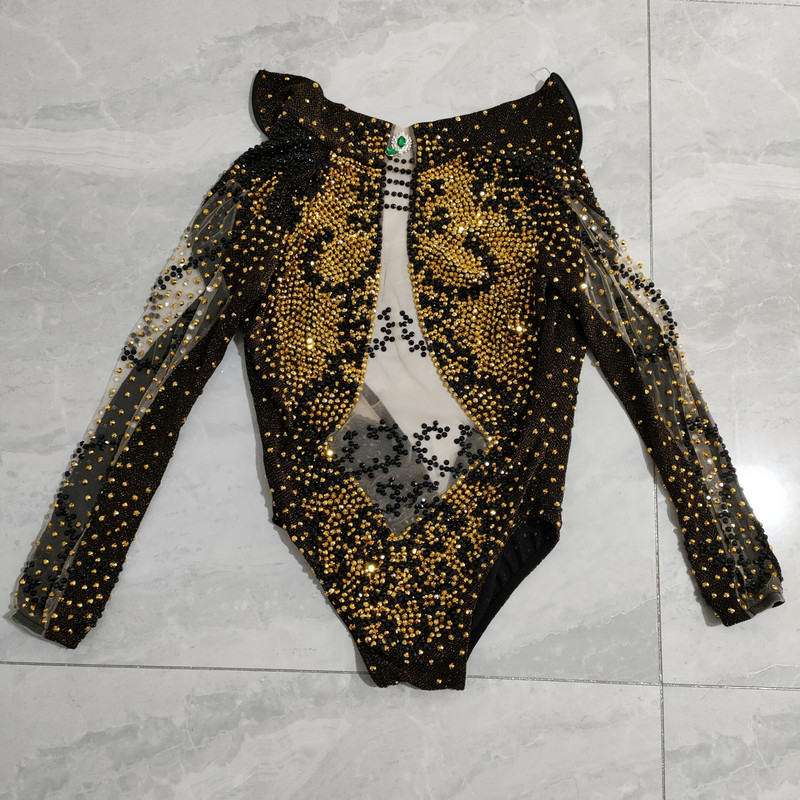 Negru Aur Strasuri Cristal Sexy Body Stretch Tricou Club de Noapte Femei Scena Wear Bar Party Dancer Costume Performance