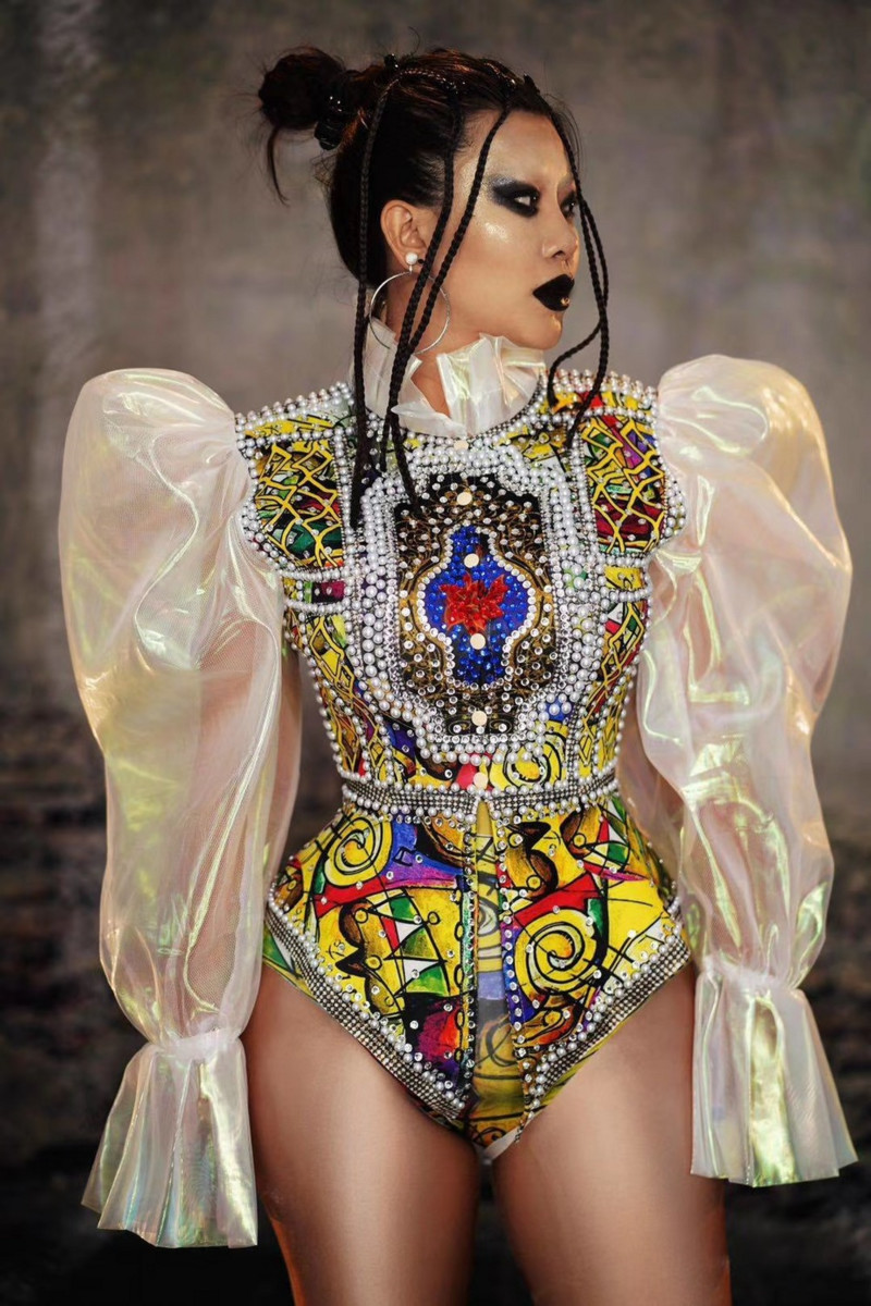 Baarilava laulja tantsurühm Seksikas kostüüm, vintage, trükitud pärljakk, lühikeste pükste komplekt, naiste sünnipäeva tähistamine ballietendusel