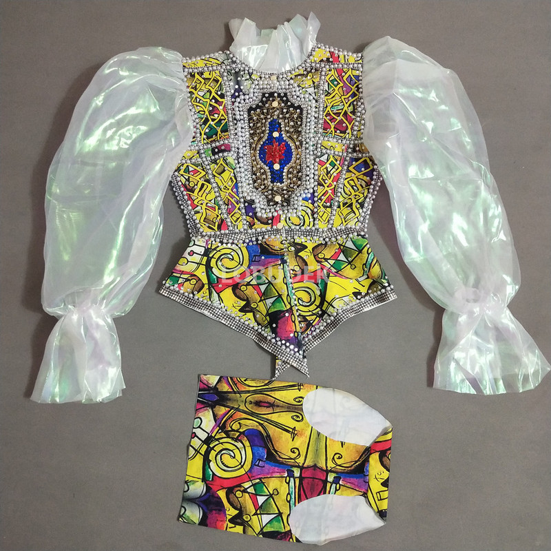 Baarilava laulja tantsurühm Seksikas kostüüm, vintage, trükitud pärljakk, lühikeste pükste komplekt, naiste sünnipäeva tähistamine ballietendusel