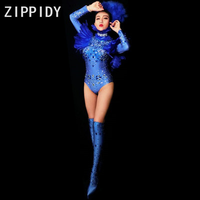 Glisten Crystals Feather Blue Body Big Stones Stretch Outfit Nightclub Női Énekes Táncműsor Női Party szexi viselet