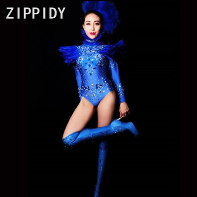 Glisten Crystals Feather Blue Body Body Pietre mari Stretch Outfit Club de noapte Cantareata Dance Show Imbracaminte sexy pentru femei