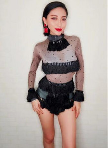 Σέξι μαύρα κρόσσια Leotard Dance Στολή One Piece Φορμάκι Γυναικεία Τραγουδίστρια Σκηνή Στρέτσ Κοστούμι