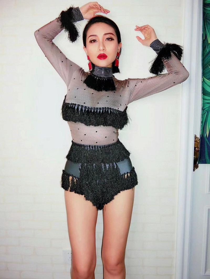 Σέξι μαύρα κρόσσια Leotard Dance Στολή One Piece Φορμάκι Γυναικεία Τραγουδίστρια Σκηνή Στρέτσ Κοστούμι