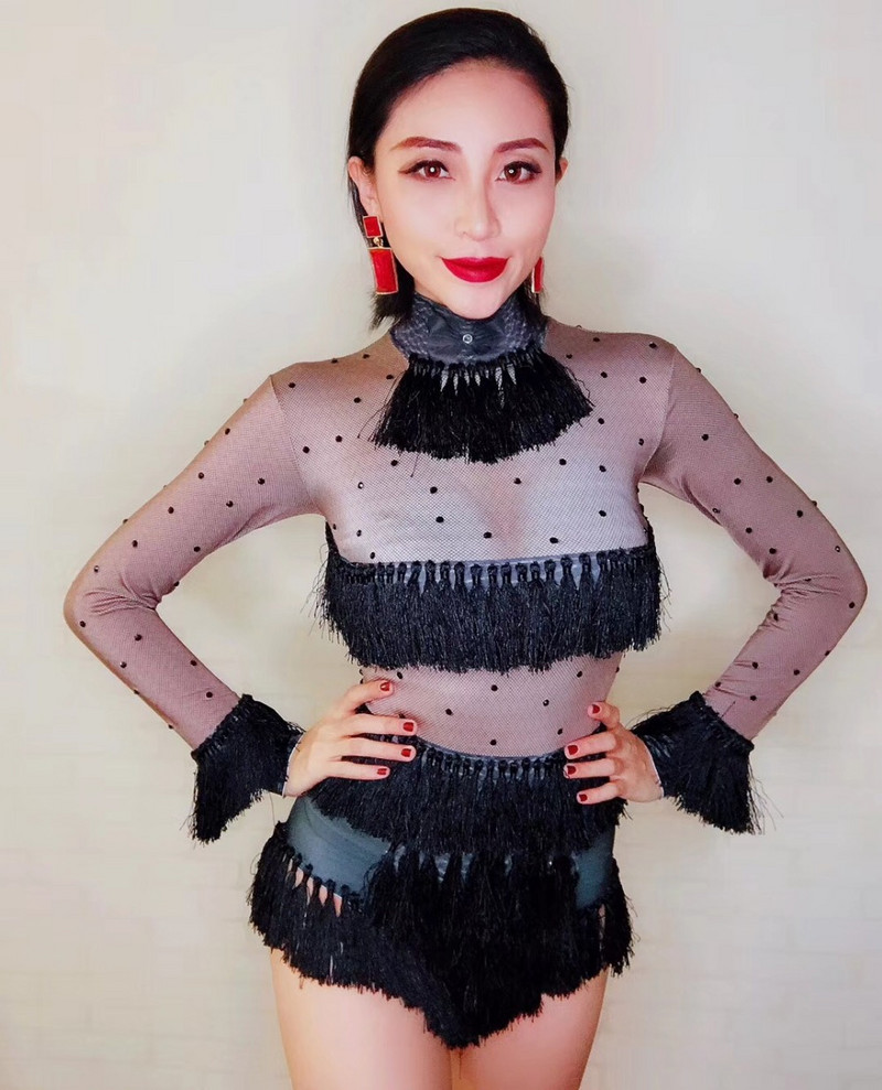 Σέξι μαύρα κρόσσια Leotard Dance Στολή One Piece Φορμάκι Γυναικεία Τραγουδίστρια Σκηνή Στρέτσ Κοστούμι