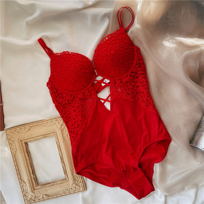 Wriufred Sutien de damă sexy din dantelă adunați inel de oțel anti-cădere sânii mari costum de lenjerie de corp costum dintr-o bucată lenjerie de damă chiloți