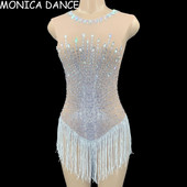 Νυχτερινό κέντρο διασκέδασης Σέξι ασημί στρας Λευκή φούντα Διαφανές κορμάκι Γυναικεία χορεύτρια DS Club Outfit Birthday Celebrate Prom Outfit