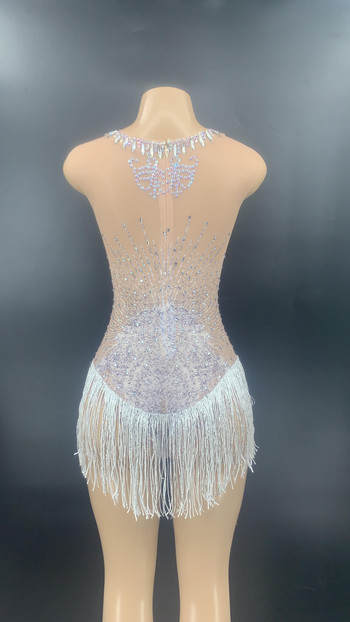 Nightclub Sexy Silver Rhinestone White Tassel Transparent Bodysuit Women Dancer DS Club Outfit Birthday Celebrate Prom Outfit