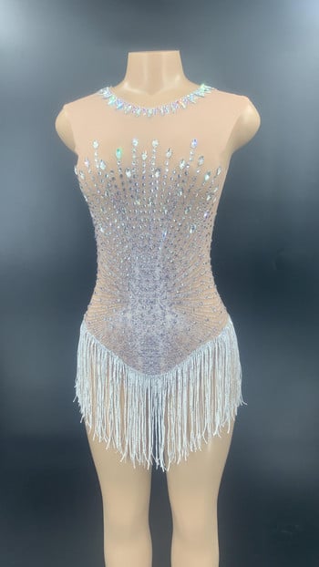 Nightclub Sexy Silver Rhinestone White Tassel Transparent Bodysuit Women Dancer DS Club Outfit Birthday Celebrate Prom Outfit