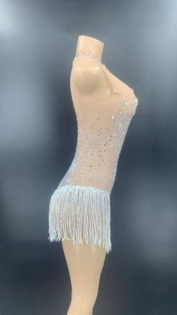 Nightclub Sexy Silver Rhinestone White Tassel Transparent Bodysuit Women Dancer DS Club Outfit Birthday Celebrate Prom Outfit