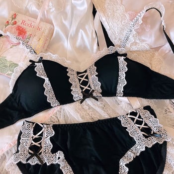 Сутиени за момичета Lolita Ретро Kawaii Maid Lace Секси Maid Bowknot Бельо Безжичен комплект сутиен и гащички Комплект прашки Комплект сутиен с бельо