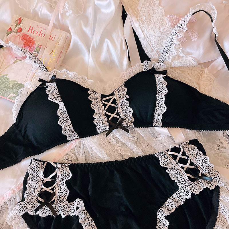 Sutiene pentru fete Lolita Retro Kawaii Maid Dantela Sexy Maid Bowknot Lenjerie de corp Set sutien și chiloți fără fir Thong Lenjerie Set bralette