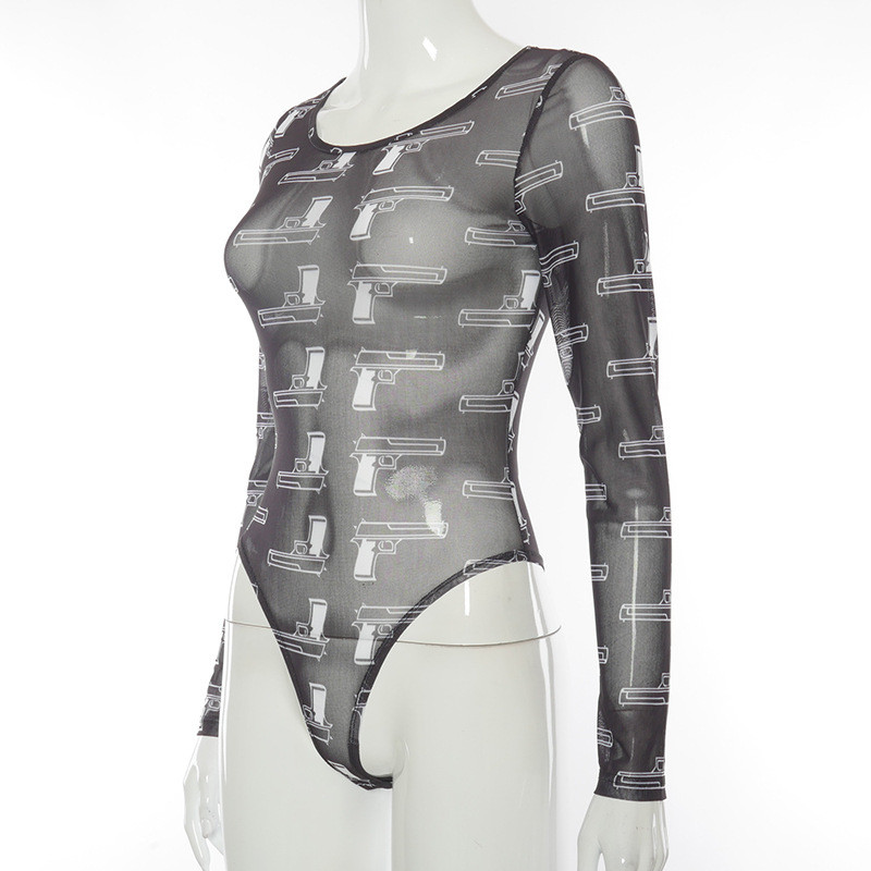 Body BKLD haine pentru femei 2021, primăvară, gât rotund, imprimare la modă, plasă, cu mânecă lungă, ținute dintr-o bucată, îmbrăcăminte de club