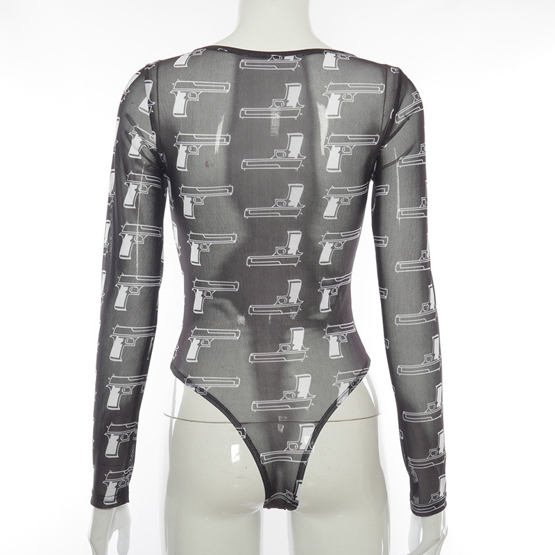 Body BKLD haine pentru femei 2021, primăvară, gât rotund, imprimare la modă, plasă, cu mânecă lungă, ținute dintr-o bucată, îmbrăcăminte de club