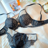 Lenjerie sexy, franceză, fără spate, sutien scobit, chiloți din dantelă, lenjerie de corp Push Up, slip pentru femei, seturi de sutien subțire, îngroșat