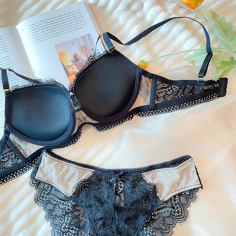 Lenjerie sexy, franceză, fără spate, sutien scobit, chiloți din dantelă, lenjerie de corp Push Up, slip pentru femei, seturi de sutien subțire, îngroșat