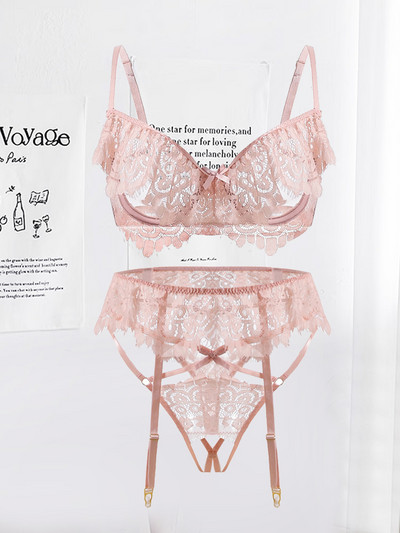 Marginea din dantela lenjerie subțire transparentă ultra-subțire sutien cu inel de oțel pentru femei lenjerie de corp chiloți tanga respirabil Set bralette din 3 piese