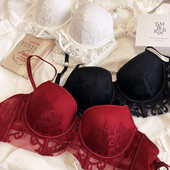 Κόκκινη γάζα με κέντημα από πάνω λεπτό παχύ στο κάτω μέρος Μικρό στήθος Push Up σουτιέν και εσώρουχα Σέξι γυναικεία εσώρουχα μεγάλο μέγεθος