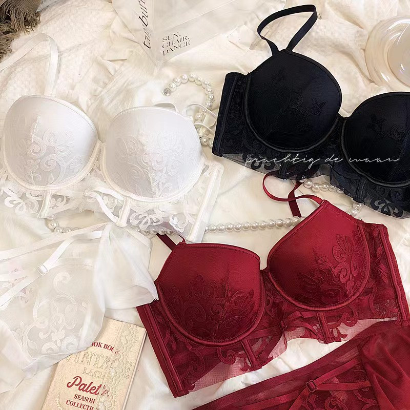 Κόκκινη γάζα με κέντημα από πάνω λεπτό παχύ στο κάτω μέρος Μικρό στήθος Push Up σουτιέν και εσώρουχα Σέξι γυναικεία εσώρουχα μεγάλο μέγεθος