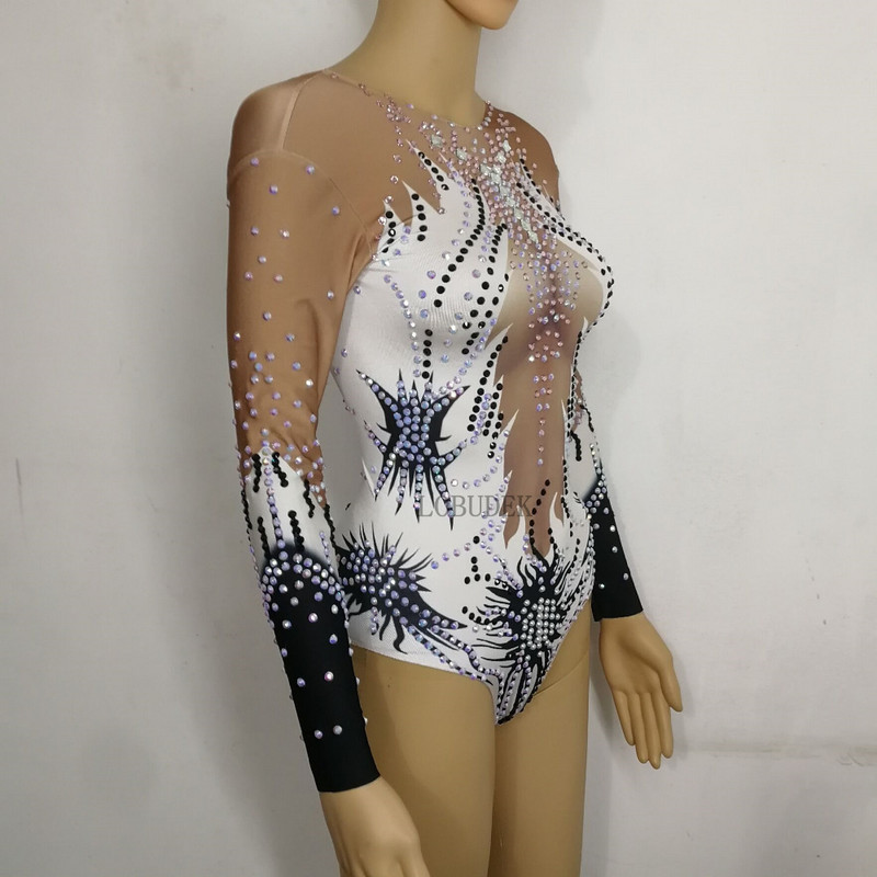 Tricou cu strasuri multicolore Body sexy cu mânecă lungă cu cristale Body club de noapte DJ DS Costume pentru scenă pentru femei