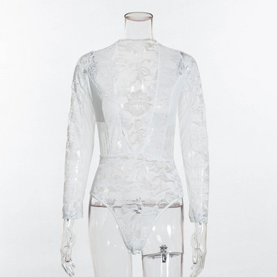 BKLD Body din dantelă pentru femei Topuri albe cu mânecă lungă 2020 Salopete sexy cu decolteu în V, negru, negru, cu mâneci lungi pentru femei